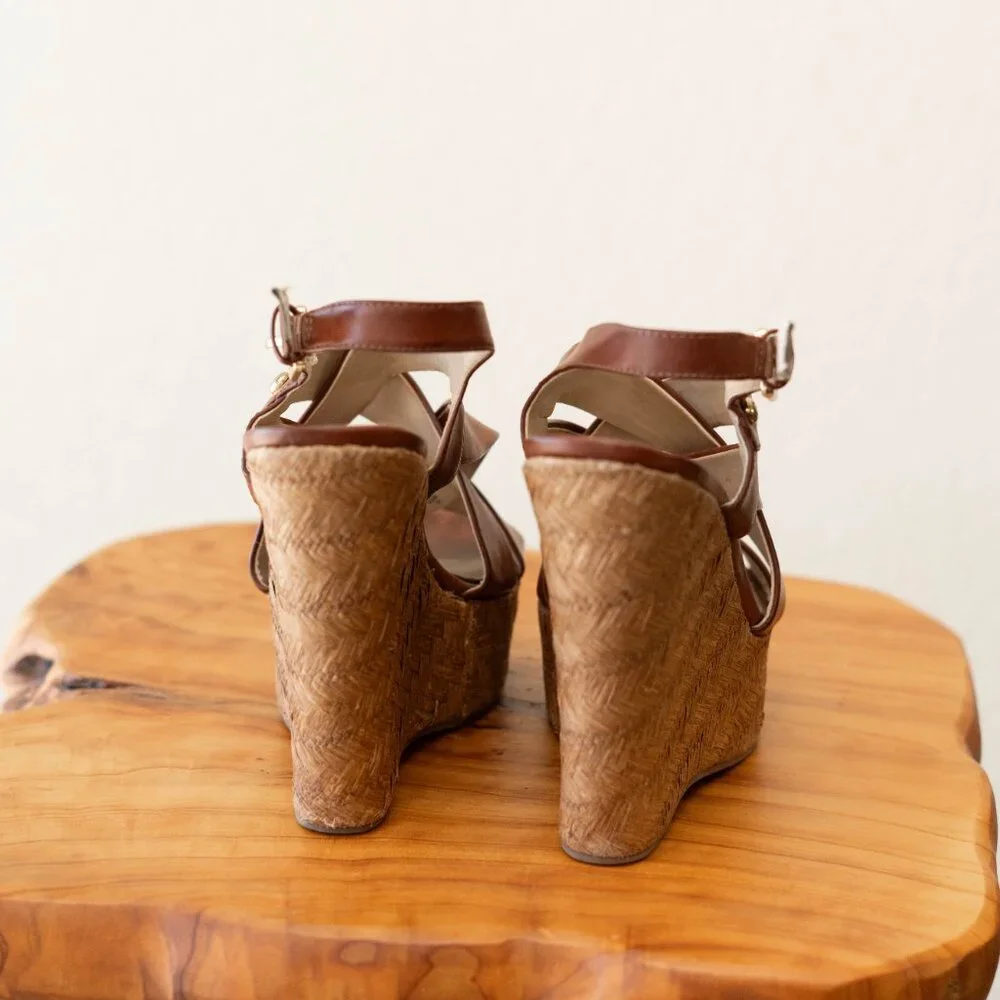 Guess G by Guess 8.5M Brown Cork Wedge Sandals Platform Strappy Heels - Picture 5 of 9